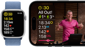 Trainingsdaten auf der Apple Watch und ein Apple Fitness+ Training auf dem iPhone