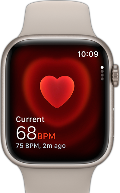 Vorderansicht der Apple Watch mit einer Herzfrequenz auf dem Display.