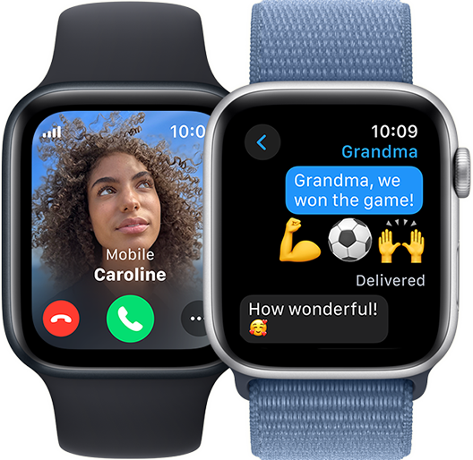 Zwei Apple Watch SE Displays. Eines zeigt einen eingehenden Anruf. Das andere eine Unterhaltung in Nachrichten.