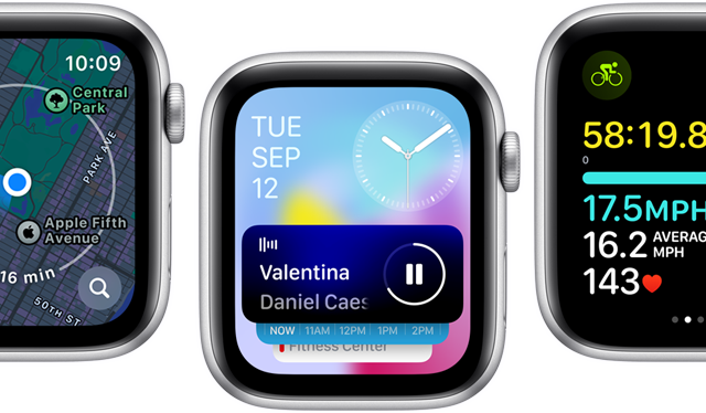 Vorderansicht von Apple Watch SE Displays mit verschiedenen aktualisierten App Displays.