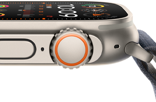 Apple Watch Ultra 2 mit robustem Titangehäuse, flachem Display, Digital Crown und Seitentaste