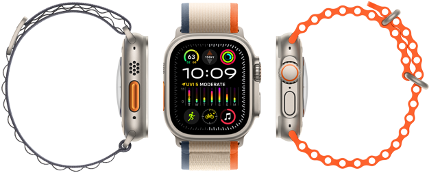 Apple Watch Ultra 2 mit drei verschiedenen Armbandarten, großem Display, robustem Titangehäuse, Action Button in Orange und Digital Crown