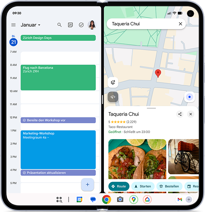 Bildschirmfoto des Displays des Pixel 10 Pro Fold, das die gleichzeitige Interaktion mit verschiedenen Funktionen zeigt