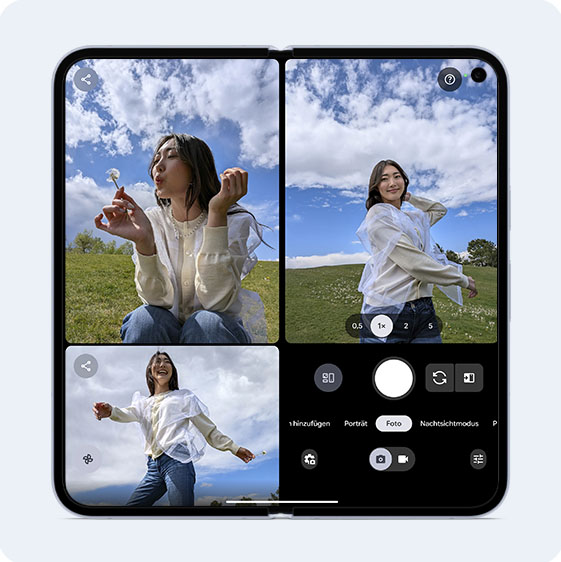 Das Bild zeigt die Kamera-App des Google Pixel 10 Pro Fold, mit einer Vorschau auf einem Display und einer Galerie von Bildern auf dem anderen