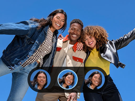 Das Bild zeigt eine Gruppe von drei Personen und wie die Pixel-Kamerafunktion „Automatische Beste Aufnahme“ das endgültige Bild verbessern kann