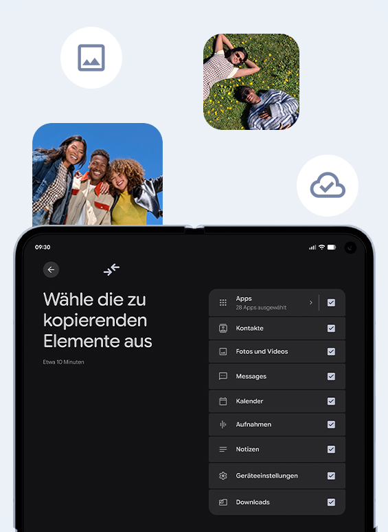 Auf dem Google Pixel 10 Pro Fold-Display werden Daten angezeigt, die für die Übertragung ausgewählt wurden, darunter Apps, Kontakte und Fotos