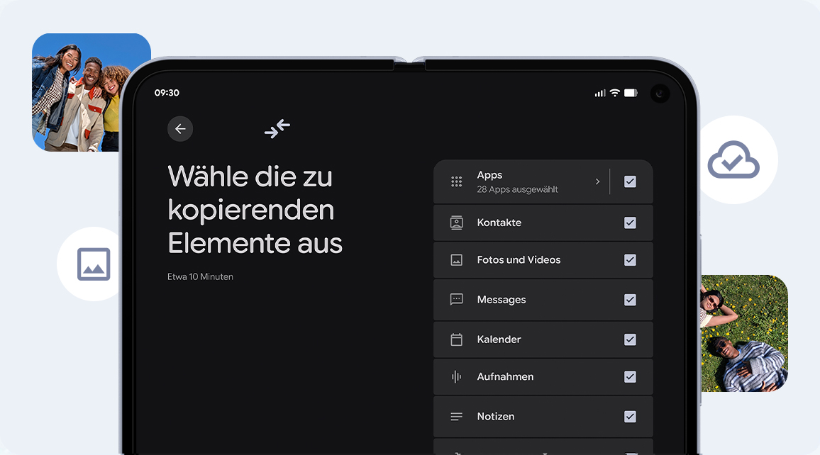 Auf dem Google Pixel 10 Pro Fold-Display werden Daten angezeigt, die für die Übertragung ausgewählt wurden, darunter Apps, Kontakte und Fotos