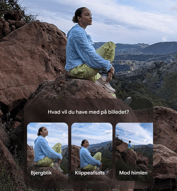 Lifestyle-Bild einer Frau, die auf einem Berghang sitzt, mit einem Overlay des Kamera-Coach-Displays.