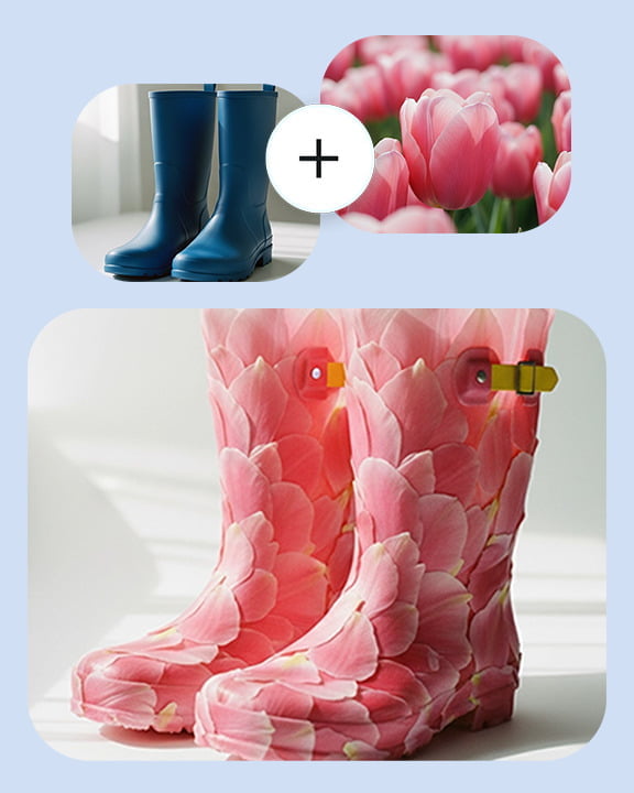 Nahaufnahme eines Paars Wellington-Stiefel in Türkis. Abstraktes Bild: Nahaufnahme von Rosa Tulpenblumen. Nahaufnahme eines Paares Wellington-Stiefel mit Tulpenmuster.