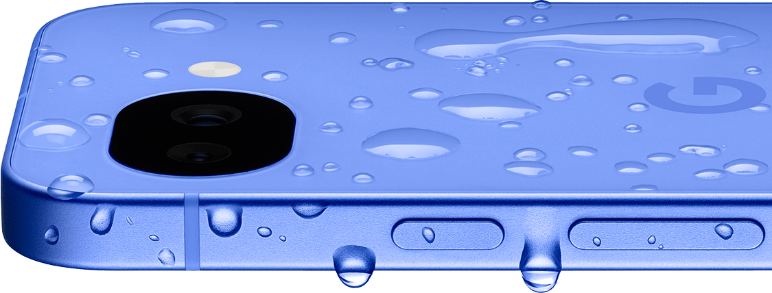 Abbildung des Pixel 10a-Geräts in Lavender, mit Wassertropfen zur Veranschaulichung der wasserabweisenden Funktion.