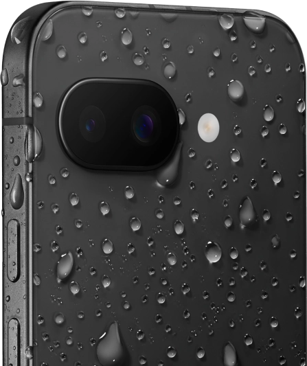 Google Pixel 9a covered in water droplets