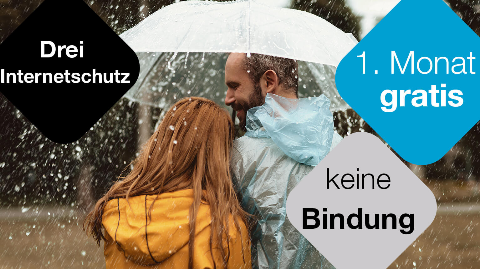 Ein Mann und eine Frau unter einem transparenten Regenschirm im Regen.