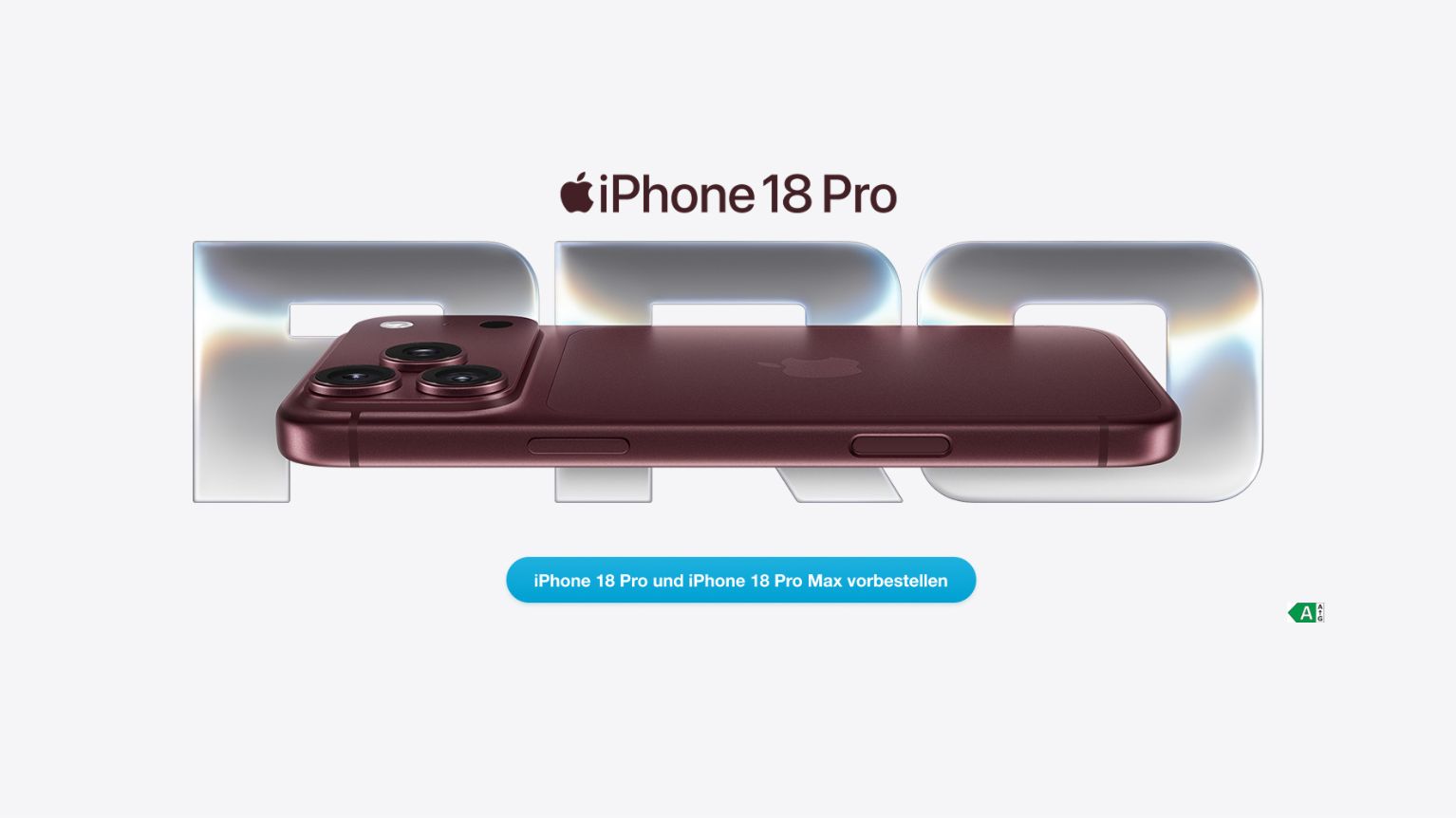 iPhone 18 Pro in dunkelroter Farbvariante in Seitenansicht mit dreifacher Kamera vor großem Pro-Schriftzug und Button zur Vorbestellung von iPhone 18 Pro und iPhone 18 Pro Max.