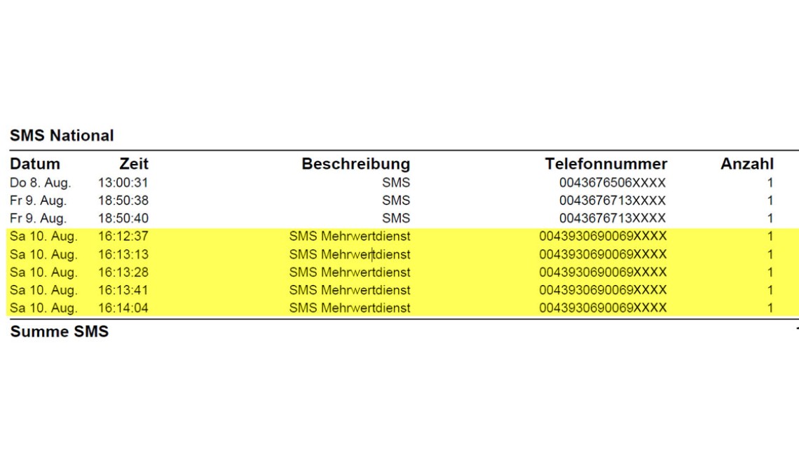 Auflistung SMS Mehrwertdienste