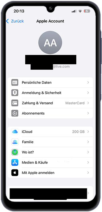 Schritt 1: Rufen Sie die Einstellungen auf und tippen Sie ganz oben auf Ihren Namen (Ihre Apple-ID). 