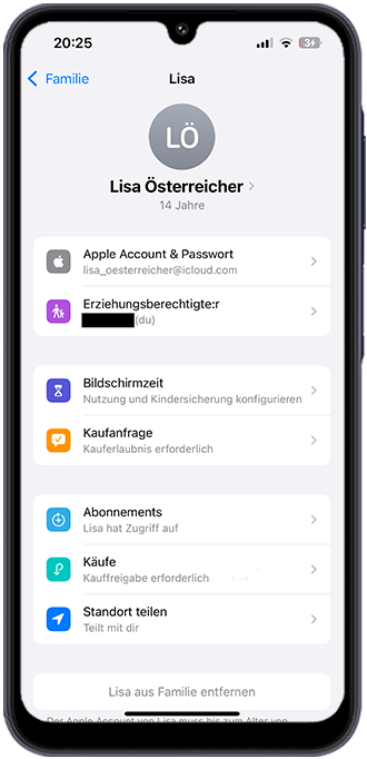 Schritt 1: Gehen Sie unter Einstellungen > Ihre Apple-ID > Familie/Familienfreigabe auf Bildschirmzeit.