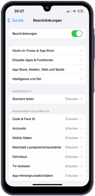 Schritt 2: Unter Erlaubte Apps und Funktionen können Sie den Zugriff auf Apps oder Funktionen wie die Kamera komplett ausschalten.