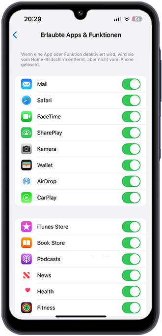 Schritt 2a: Unter Erlaubte Apps und Funktionen können Sie den Zugriff auf Apps oder Funktionen wie die Kamera komplett ausschalten.