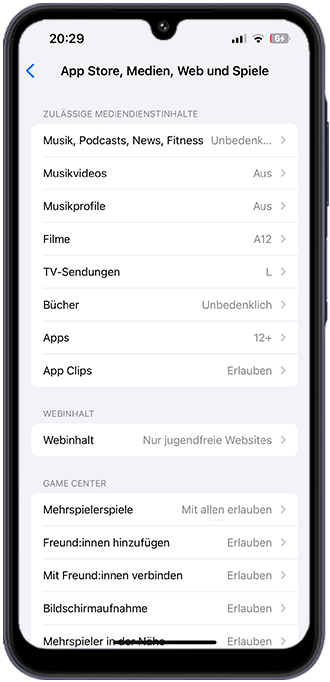 Schritt 3: Unter App Store, Medien, Web und Spiele können Sie sämtliche Altersbeschränkungen vornehmen.