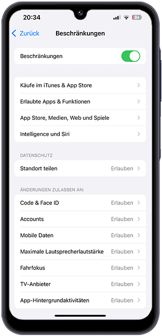 Schritt 1: Öffnen Sie Einstellungen → Ihre Apple-ID → Familie/Familienfreigabe -> Bildschirmzeit → Beschränkungen → Käufe im iTunes & App Store.