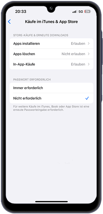 Schritt 2: Hier können Sie unter anderem: 1. App-Installationen verweigern 2. Löschen von Apps verweigern 3. In-App-Käufe deaktivieren