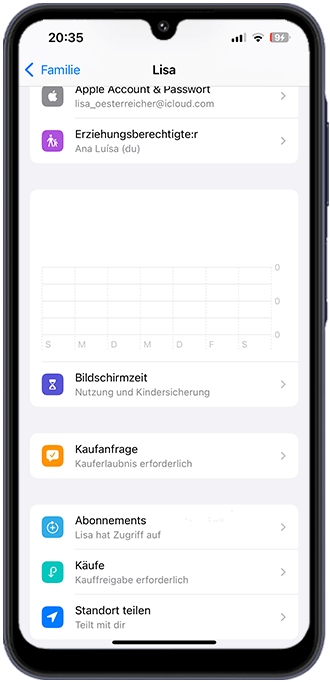 Schritt 3: Im Familienorganisator können Sie die App Wo ist? wie folgt verwalten: Einstellungen > Apple-ID > Familienfreigabe > Wählen Sie Ihr Kind aus > Standort teilen.