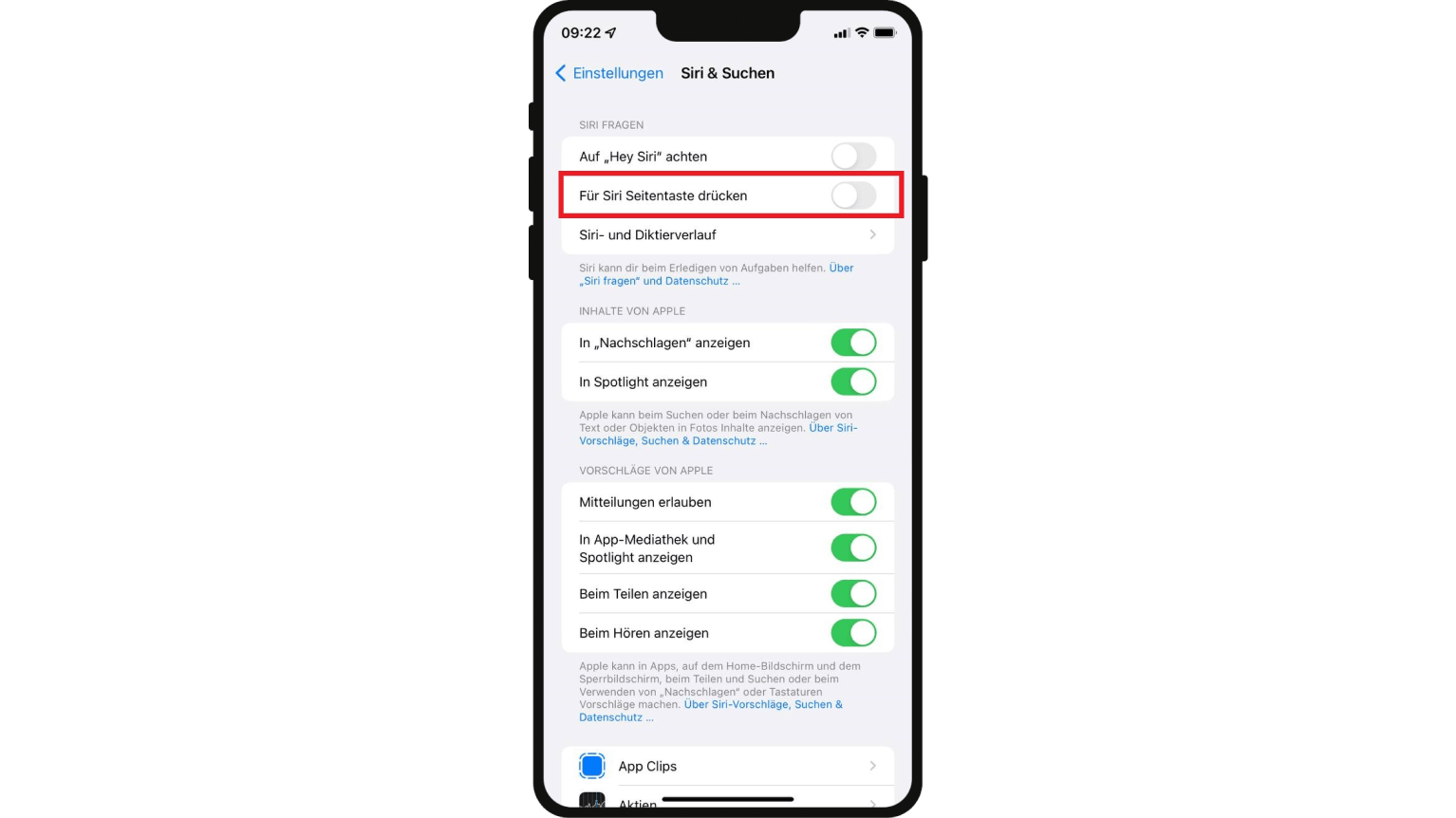 Aktivieren Sie den "Für Siri Seitentaste drücken" Regler