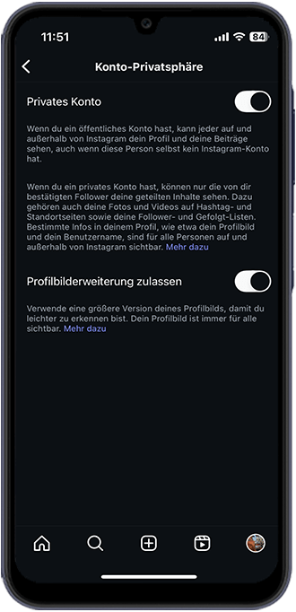 Schritt 2: Schieben Sie für die Aktivierung den Regler bei „Privates Konto“ nach rechts.
