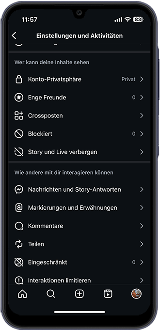 Schritt 1: Bei „Einstellungen und Aktivitäten“ zu „Nachrichten und Story-Antworten“.