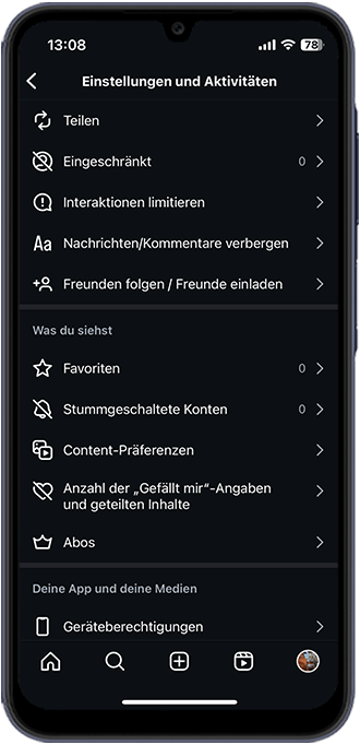 Schritt 1: Rechts oben im Drei-Balken-Einstellungen-Menü nach unten zu „Content-Präferenzen“.