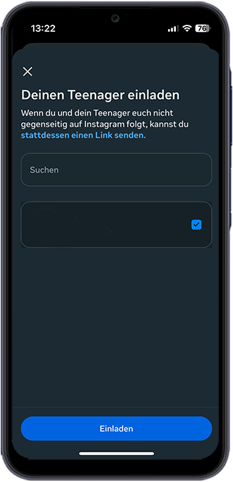 Schritt 3: Suchen Sie nach dem Account Ihres Kindes und bestätigen Sie über den Button „Einladen“.