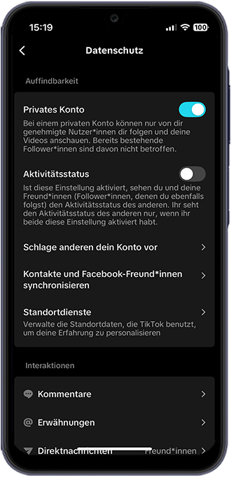 Schritt 4: Schieben Sie bei „Privates Konto“ den Regler auf rechts.