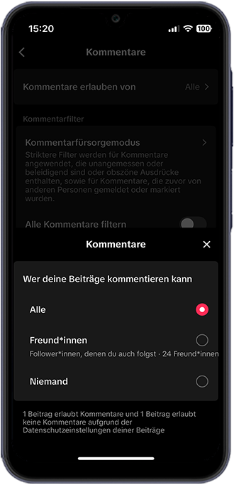 Schritt 4: Tipp auf „Alle“ auswählen, von wem Sie Kommentare erlauben.