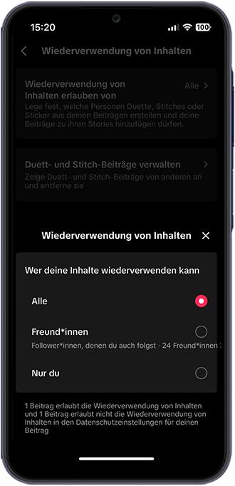 Schritt 4: Einstellen wer Duette und Stitches mit eigenem Content erstellen darf.