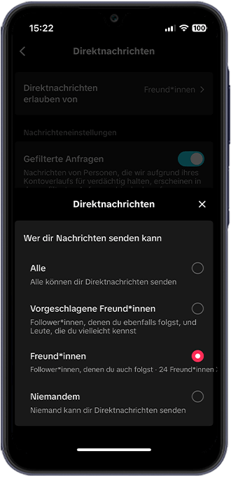 Schritt 4: Hier wählen Sie bei „Direktnachrichten erlauben von“ aus, wer Nachrichten senden darf.