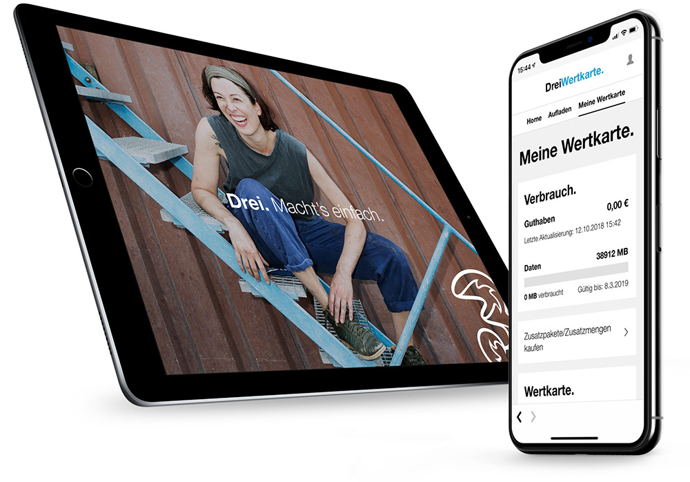 Drei Wertkarte am Tablet und Handy